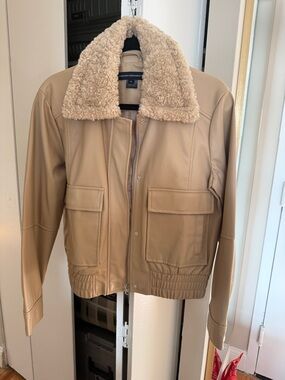 Beige Vegan Leather Sherpa Collar Jacket -